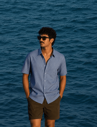 Blue Printed Cotton Stretch Shirt – Regular Fit, Half Sleeves