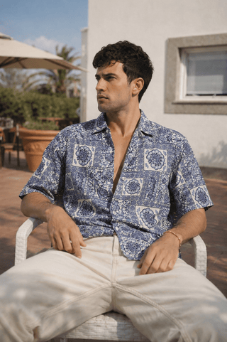 Blue Printed Organic Cotton Shirt – Regular Fit, Half Sleeves