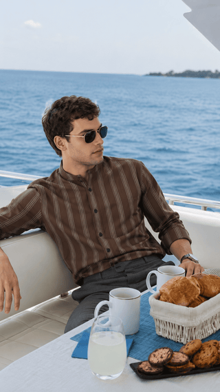 Brown Striped Cotton Shirt – Regular Fit, Full Sleeves