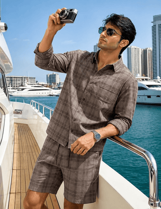 Regular Fit Grey Brown Checkered Shirt