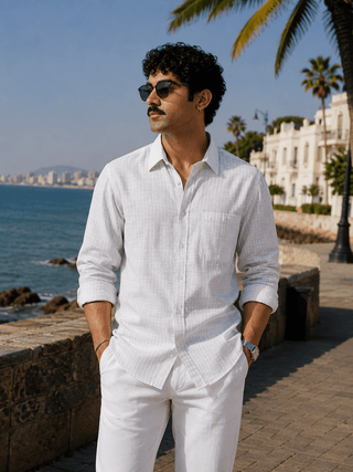 White Checked Brushed Cotton Shirt – Regular Fit, Full Sleeves
