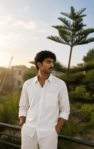 Sky Grey Striped Cotton Shirt – Regular Fit, Full Sleeves