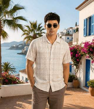 Off-White Checked Cuban Collar Shirt – Regular Fit, Half Sleeves