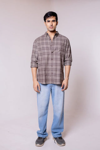 Regular Fit Grey Brown Checkered Shirt