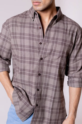 Regular Fit Grey Brown Checkered Shirt