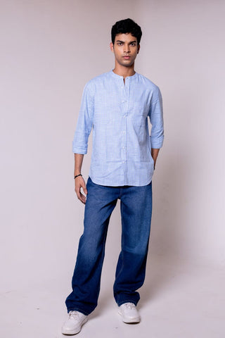 Light Blue Checked Mandarin Collar Shirt