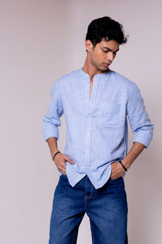 Light Blue Checked Mandarin Collar Shirt