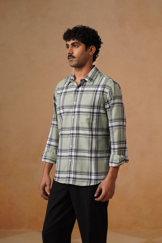 Green Checked Brushed Cotton Shirt – Regular Fit, Full Sleeves