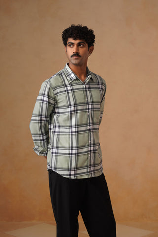 Green Checked Brushed Cotton Shirt – Regular Fit, Full Sleeves