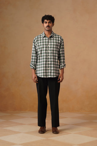 Green Checkered Cotton Stretch Shirt – Loose Fit, Full Sleeves