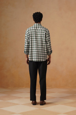 Green Checkered Cotton Stretch Shirt – Loose Fit, Full Sleeves