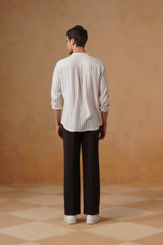 White Striped Cotton Mandarin Collar Shirt – Regular Fit, Full Sleeves