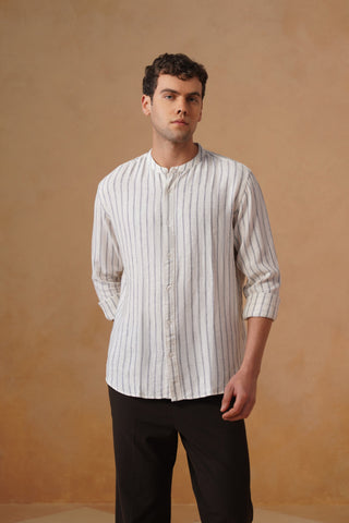 White Striped Cotton Mandarin Collar Shirt – Regular Fit, Full Sleeves