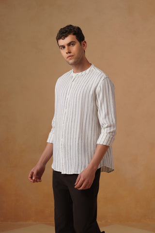 White Striped Cotton Mandarin Collar Shirt – Regular Fit, Full Sleeves