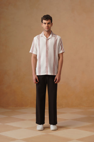 Off-White Striped Cotton Cuban Collar Shirt – Regular Fit, Half Sleeves