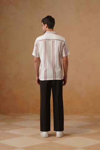 Off-White Striped Cotton Cuban Collar Shirt – Regular Fit, Half Sleeves