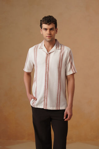 Off-White Striped Cotton Cuban Collar Shirt – Regular Fit, Half Sleeves