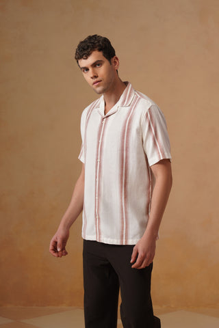 Off-White Striped Cotton Cuban Collar Shirt – Regular Fit, Half Sleeves