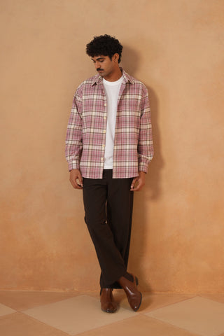 Pink Checkered Organic Cotton Shacket – Loose Fit, Full Sleeves