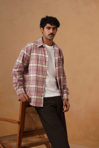 Pink Checkered Organic Cotton Shacket – Loose Fit, Full Sleeves