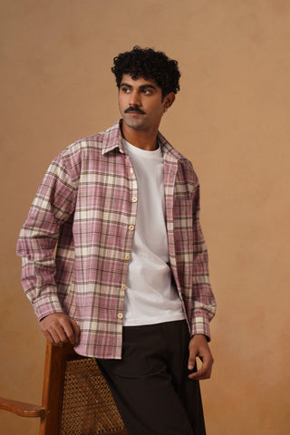 Pink Checkered Organic Cotton Shacket – Loose Fit, Full Sleeves