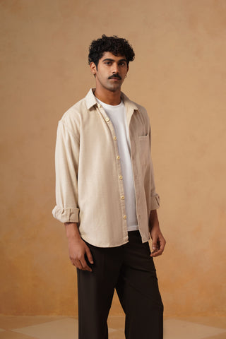Beige Brushed Cotton Shacket – Loose Fit, Full Sleeves