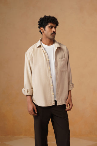 Beige Brushed Cotton Shacket – Loose Fit, Full Sleeves