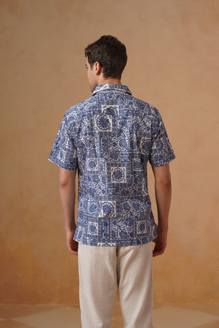 Blue Printed Organic Cotton Shirt – Regular Fit, Half Sleeves