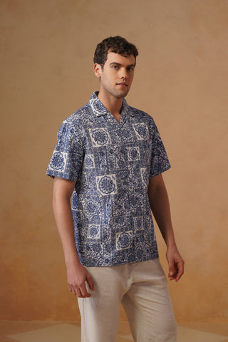Blue Printed Organic Cotton Shirt – Regular Fit, Half Sleeves
