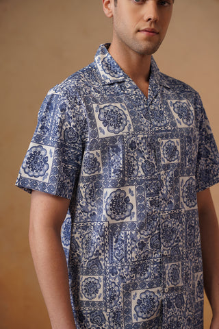Blue Printed Organic Cotton Shirt – Regular Fit, Half Sleeves