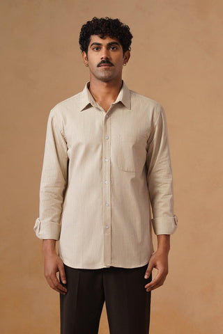 Beige Striped Cotton Shirt – Regular Fit, Full Sleeves