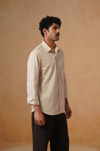Beige Striped Cotton Shirt – Regular Fit