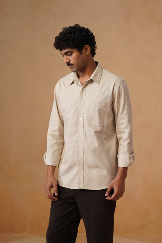 Beige Striped Cotton Shirt – Regular Fit
