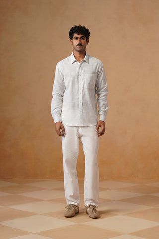 White Striped Cotton Shirt – Regular Fit, Full Sleeves