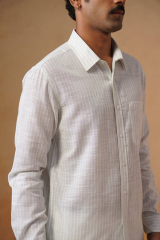 Sky Grey Striped Cotton Shirt – Regular Fit, Full Sleeves