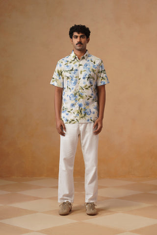 Blue Printed Organic Cotton Blend Shirt – Regular Fit, Half Sleeves