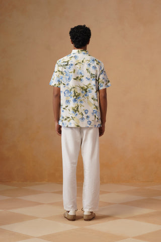 Blue Printed Organic Cotton Blend Shirt – Regular Fit, Half Sleeves