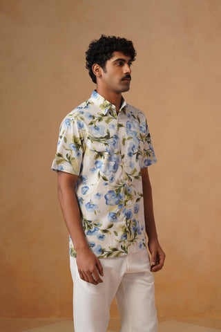 Blue Printed Organic Cotton Blend Shirt – Regular Fit, Half Sleeves