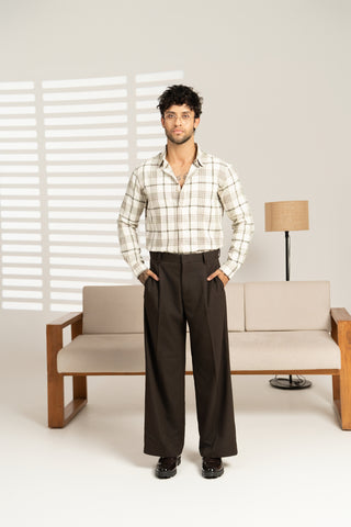 MinusOne Men’s Off-White & Brown Checkered Cotton Shirt – Regular Fit, Full Sleeves