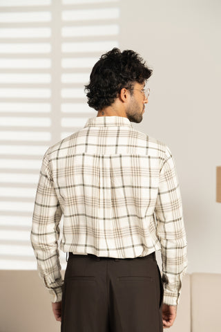 MinusOne Men’s Off-White & Brown Checkered Cotton Shirt – Regular Fit, Full Sleeves