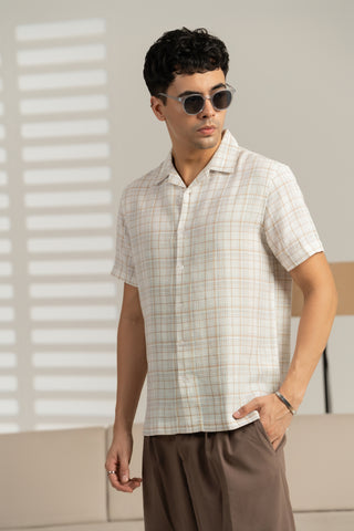 MinusOne Men’s Off-White Checkered Cuban Collar Shirt – Regular Fit, Half Sleeves
