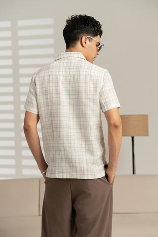 MinusOne Men’s Off-White Checkered Cuban Collar Shirt – Regular Fit, Half Sleeves