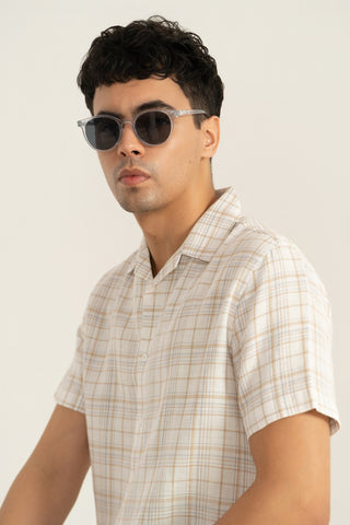 MinusOne Men’s Off-White Checkered Cuban Collar Shirt – Regular Fit, Half Sleeves