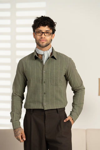 MinusOne Men’s Olive Textured Checkered Shirt – Regular Fit, Full Sleeves, Cotton