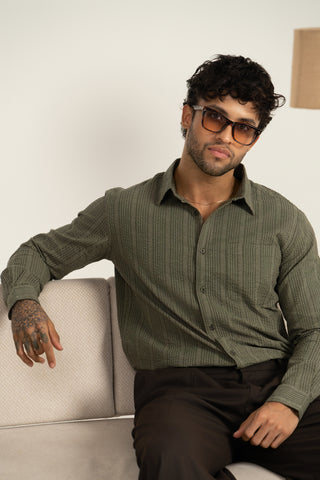 MinusOne Men’s Olive Textured Checkered Shirt – Regular Fit, Full Sleeves, Cotton