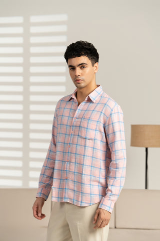 MinusOne Men’s Pink Checkered Cotton Shirt – Regular Fit, Full Sleeves