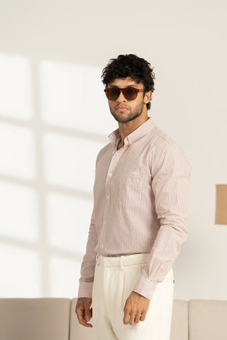 MinusOne Men’s Red Striped Cotton Shirt – Regular Fit, Full Sleeves