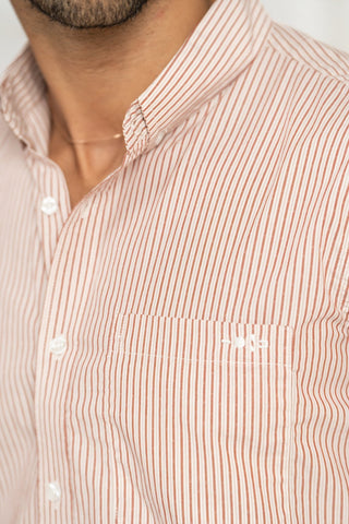 MinusOne Men’s Red Striped Cotton Shirt – Regular Fit, Full Sleeves
