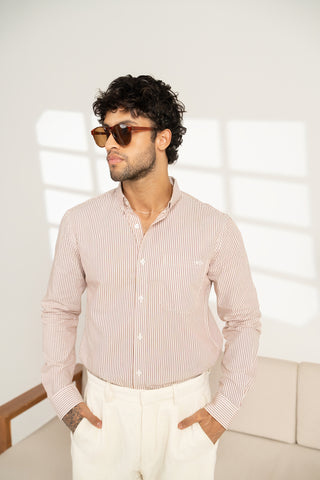 MinusOne Men’s Red Striped Cotton Shirt – Regular Fit, Full Sleeves