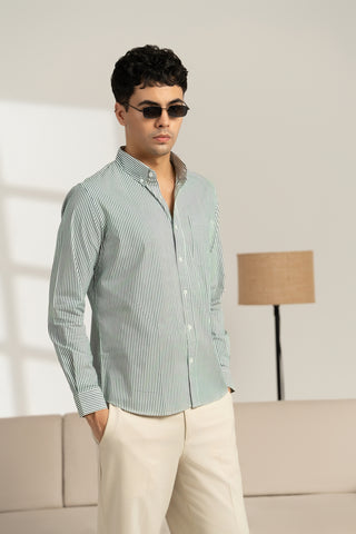 MinusOne Men’s Green Striped Cotton Shirt – Regular Fit, Full Sleeves